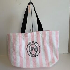 New Victorias Secret Pink White Stripe Terry Cloth Tote Bag Beach Pool NWT Large